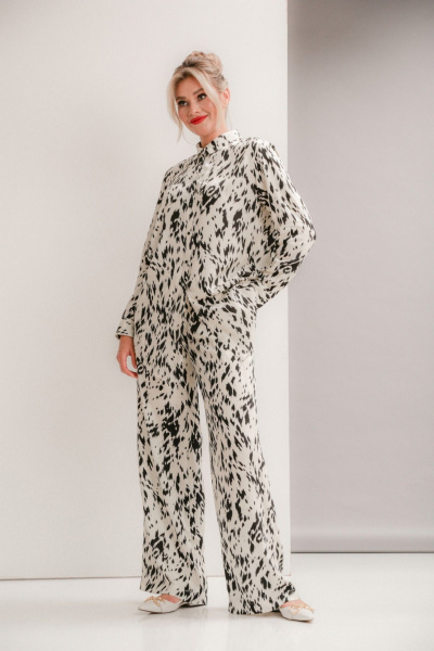 Летний блузон и широкие брюки из вискозы Ma Vie М-668 молочно-черный - фото 1