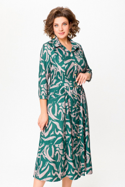 Платье из вискозы с поясом и кокетками Swallow 784.2 изумруд/принт"бежевая_абстракция" - фото 10