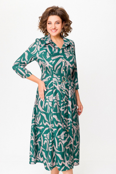 Платье из вискозы с поясом и кокетками Swallow 784.2 изумруд/принт"бежевая_абстракция" - фото 9