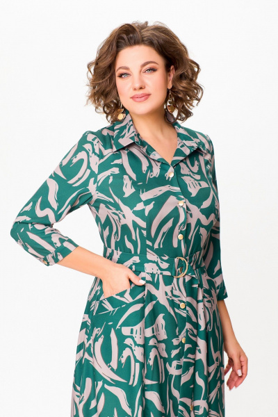 Платье из вискозы с поясом и кокетками Swallow 784.2 изумруд/принт"бежевая_абстракция" - фото 8