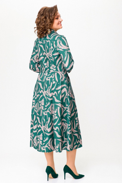 Платье из вискозы с поясом и кокетками Swallow 784.2 изумруд/принт"бежевая_абстракция" - фото 7
