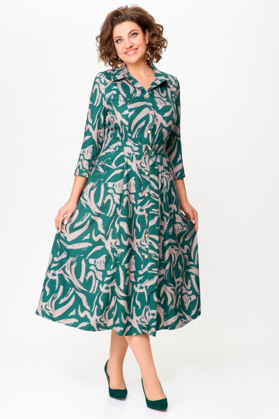 Платье из вискозы с поясом и кокетками Swallow 784.2 изумруд/принт"бежевая_абстракция" - фото 3