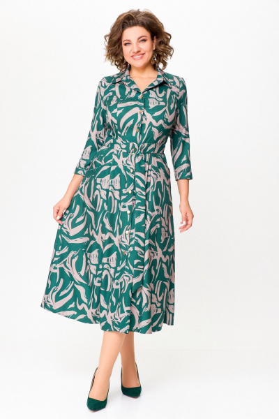 Платье из вискозы с поясом и кокетками Swallow 784.2 изумруд/принт"бежевая_абстракция" - фото 2