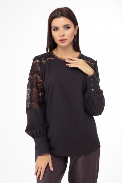 Демисезонная кружевная блуза из ткани и кружева Anelli 845 черный - фото 9