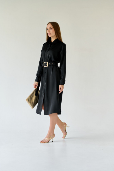 Платье-рубашка миди с разрезами и поясом из текстиля Мастер Мод 683а черный - фото 6