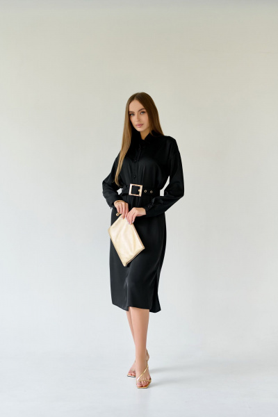 Платье-рубашка миди с разрезами и поясом из текстиля Мастер Мод 683а черный - фото 4