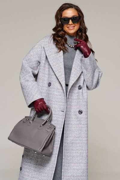 Пальто женское демисезонное прямое миди из шерсти Beautiful&Free 6224 серо-голубой+клетка - фото 6