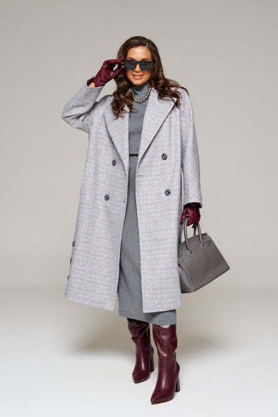 Пальто женское демисезонное прямое миди из шерсти Beautiful&Free 6224 серо-голубой+клетка - фото 5