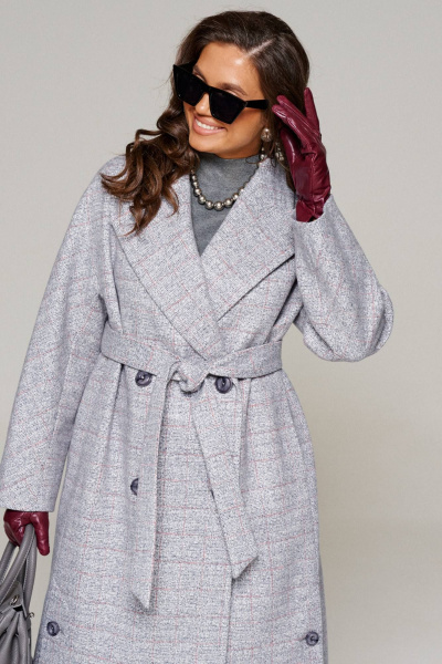 Пальто женское демисезонное прямое миди из шерсти Beautiful&Free 6224 серо-голубой+клетка - фото 3