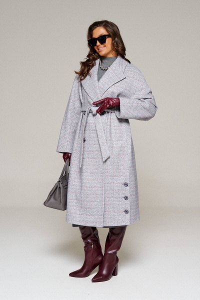 Пальто женское демисезонное прямое миди из шерсти Beautiful&Free 6224 серо-голубой+клетка - фото 1