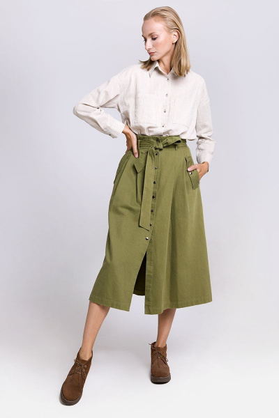 Зеленая миди юбка из хлопка с петлями-застежками Individual design 19123 хаки - фото 2