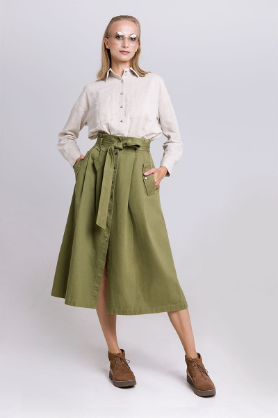Зеленая миди юбка из хлопка с петлями-застежками Individual design 19123 хаки - фото 1