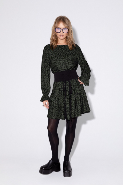 Платье текстильное с поясом-шнуровкой для демисезона PiRS 5424 хаки - фото 4