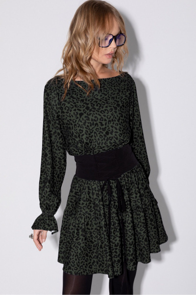 Платье текстильное с поясом-шнуровкой для демисезона PiRS 5424 хаки - фото 3