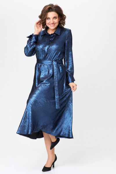 Элегантное платье из ткани с блестящим эффектом и воротником рубашечного типа Koketka i K 1192-1 синий - фото 6
