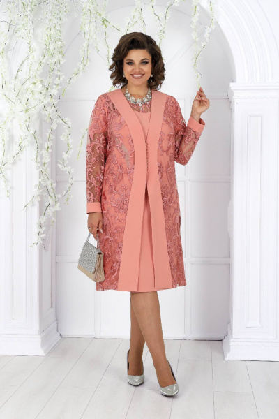 Нарядный комплект платье с кружевным кардиганом розовый Ninele 5988 коралловый - фото 6