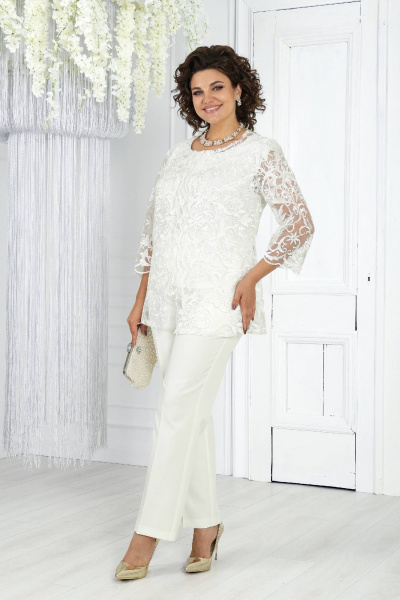 Брючный комплект блуза, брюки и кардиган из кружево-белый Ninele 6004 молочный - фото 16
