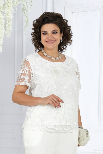 Брючный комплект блуза, брюки и кардиган из кружево-белый Ninele 6004 молочный - фото 12