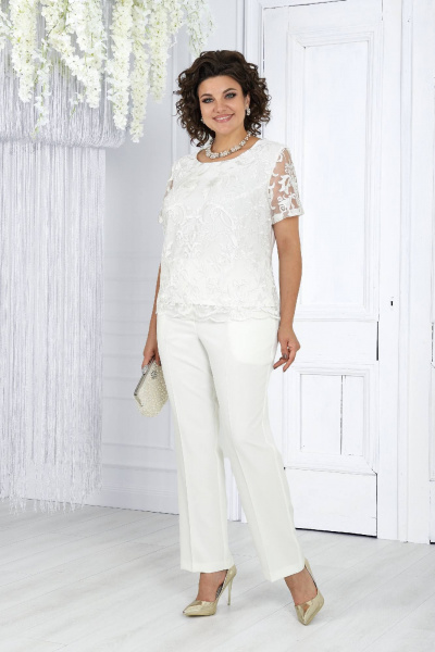 Брючный комплект блуза, брюки и кардиган из кружево-белый Ninele 6004 молочный - фото 11
