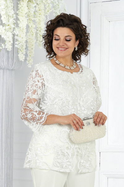 Брючный комплект блуза, брюки и кардиган из кружево-белый Ninele 6004 молочный - фото 10