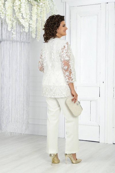 Брючный комплект блуза, брюки и кардиган из кружево-белый Ninele 6004 молочный - фото 9