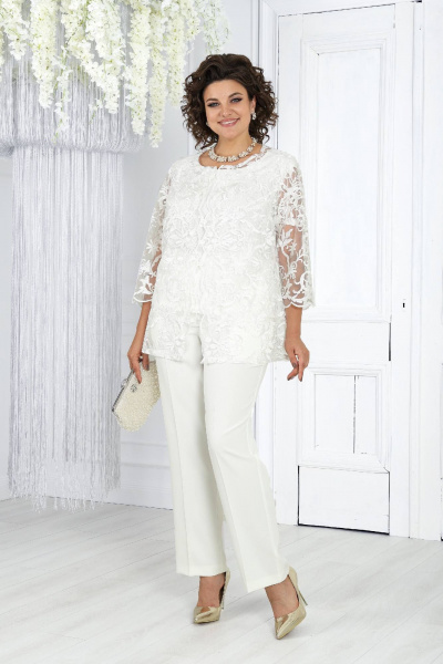 Брючный комплект блуза, брюки и кардиган из кружево-белый Ninele 6004 молочный - фото 2