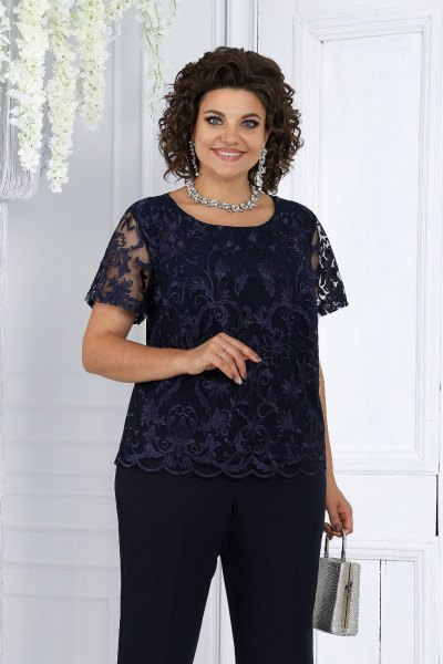 Брючный комплект блуза, брюки и кардиган из сатина-синий Ninele 6004 синий - фото 12