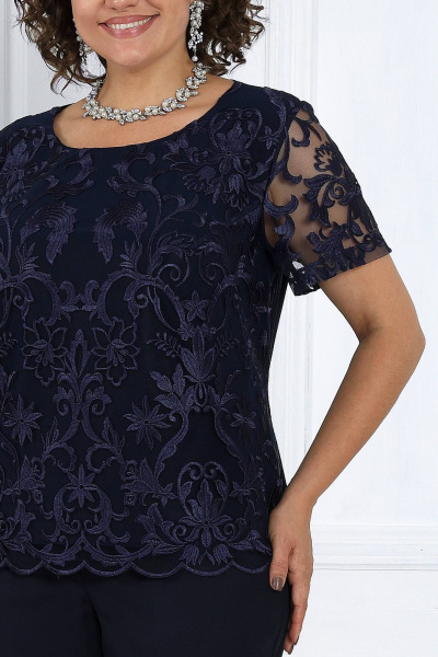 Брючный комплект блуза, брюки и кардиган из сатина-синий Ninele 6004 синий - фото 11