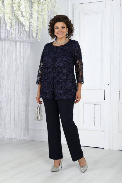 Брючный комплект блуза, брюки и кардиган из сатина-синий Ninele 6004 синий - фото 9