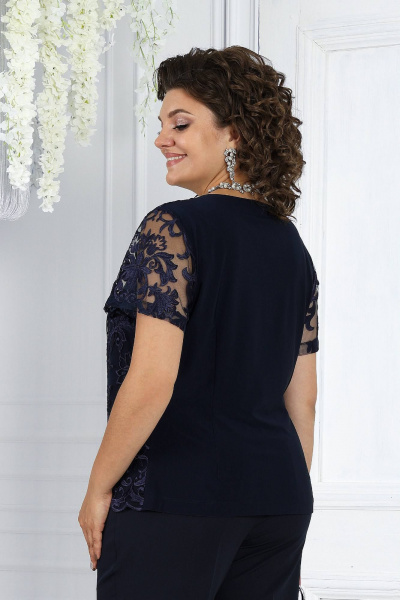 Брючный комплект блуза, брюки и кардиган из сатина-синий Ninele 6004 синий - фото 3