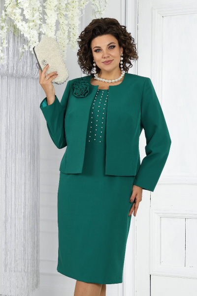 Классический костюм жакет и платье из костюмной ткани-зеленый Ninele 7469 изумруд - фото 7