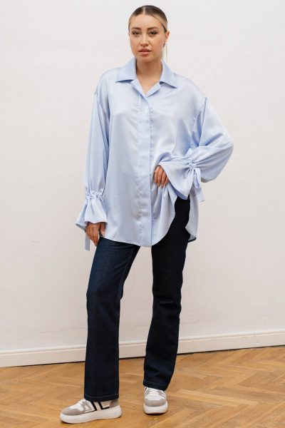 Блузка из атласа с рукавом и бантиком на манжете Ivera 5134 голубой - фото 2