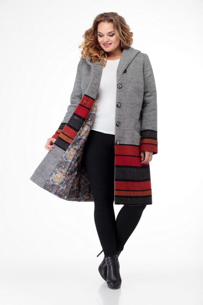 Пальто БелЭльСтиль 765 серо-красный - фото 4