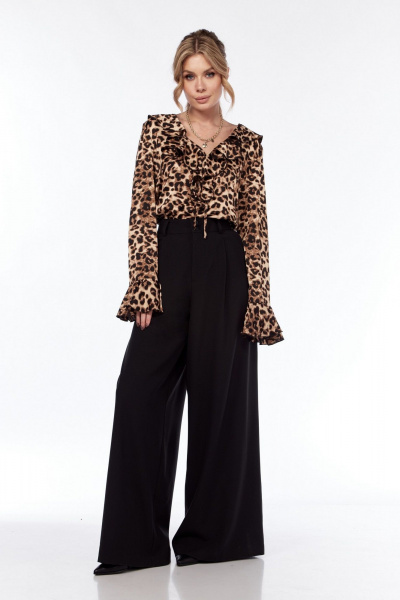 Блуза и брюки палаццо прямого силуэта для ежедневного стиля LadisLine 1537 леопард+черный - фото 4