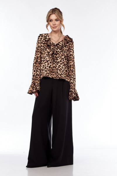 Блуза и брюки палаццо прямого силуэта для ежедневного стиля LadisLine 1537 леопард+черный - фото 1