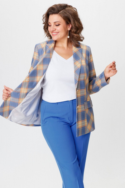 Жакет удлиненный из экокожи голубой для делового стиля БелЭльСтиль 412-3_03_22 голубая_клетка - фото 5