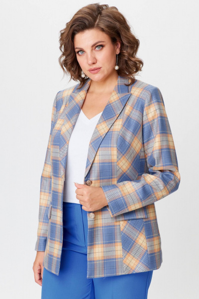 Жакет удлиненный из экокожи голубой для делового стиля БелЭльСтиль 412-3_03_22 голубая_клетка - фото 4