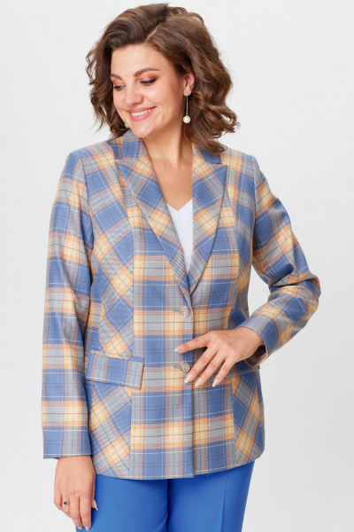 Жакет удлиненный из экокожи голубой для делового стиля БелЭльСтиль 412-3_03_22 голубая_клетка - фото 3