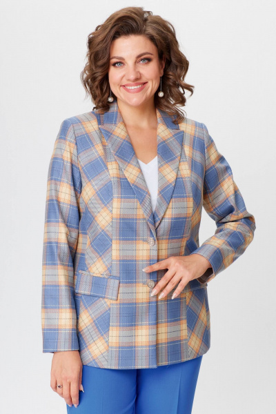 Жакет удлиненный из экокожи голубой для делового стиля БелЭльСтиль 412-3_03_22 голубая_клетка - фото 2