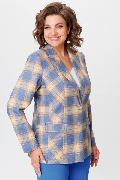 Жакет удлиненный из экокожи голубой для делового стиля БелЭльСтиль 412-3_03_22 голубая_клетка - фото 1