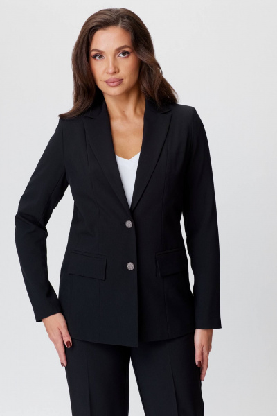 Жакет из экокожи черный удлиненный в деловом стиле БелЭльСтиль 412-3_03_22 черный_однотон - фото 3