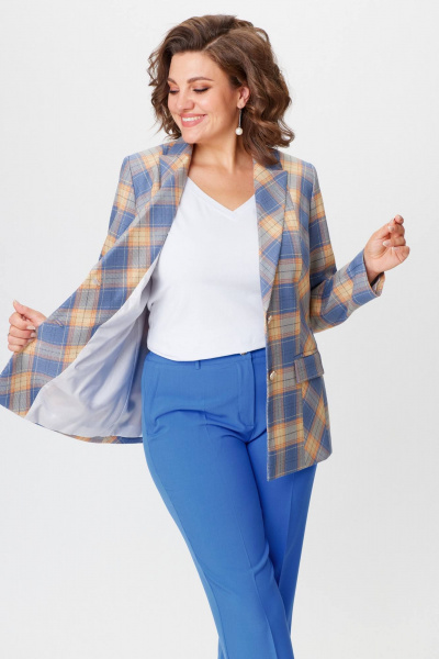 Комплект жакет и брюки из текстиля голубой с принтом БелЭльСтиль 412-3 03 22+596-2 79 22 голубая_клетка+василек - фото 5
