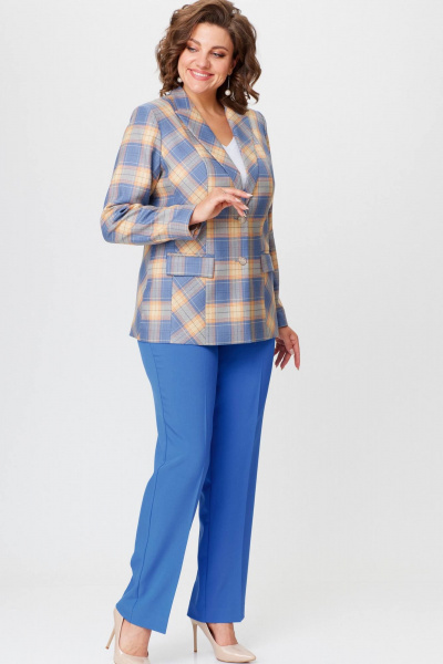 Комплект жакет и брюки из текстиля голубой с принтом БелЭльСтиль 412-3 03 22+596-2 79 22 голубая_клетка+василек - фото 3