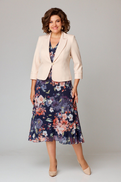 Платье и жакет из шифона и костюмной ткани с пиджачным воротником Slaviaelit 166 т.синий+пудровый - фото 1