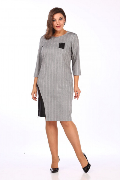 Демисезонное платье из трикотажа с люрексом и вставкой из экокожи Lady Style Classic 1479/1 серый - фото 1