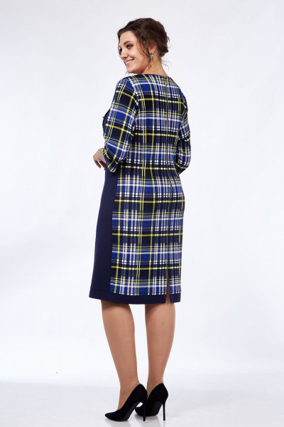 Демисезонное платье из трикотажа с рельефами и разрезом Lady Style Classic 955/7 синий_желтый - фото 5