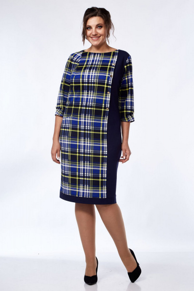 Демисезонное платье из трикотажа с рельефами и разрезом Lady Style Classic 955/7 синий_желтый - фото 1