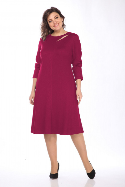 Демисезонное платье из трикотажа с асимметричным вырезом-каплей Lady Style Classic 2580 малиновый - фото 3