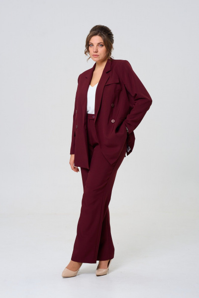 Брючный и жакетный деловой комплект из ткани для женщин TVIN 7732 винный - фото 2