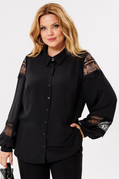 Блуза из струящейся ткани с кружевными рукавами на пуговицах BRELA 2383 черный - фото 4